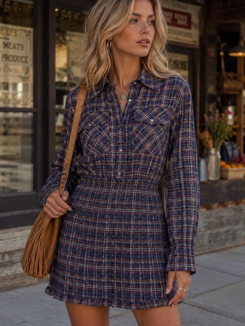 Veronica Beard Melnar Plaid Mini Dress Smocked Bottom Navy Blue Size 4 EUC